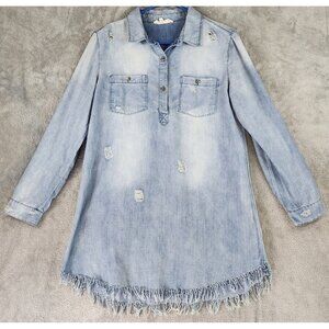 En Creme Dress Womens Small Blue Denim Distressed Ripped Fringed Causal Mini